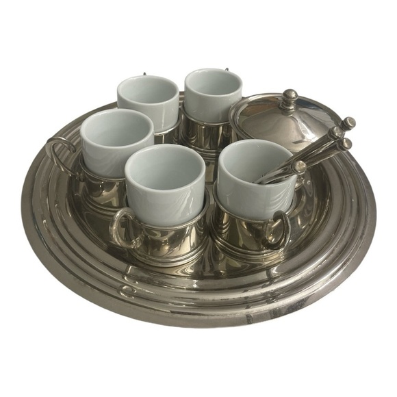 VINTAGE 17 PC. GOLD/SILVER DEMITASSE ESPRESSO SET TRAY, PORCELAIN CUPS & SPOONS - Picture 4 of 15